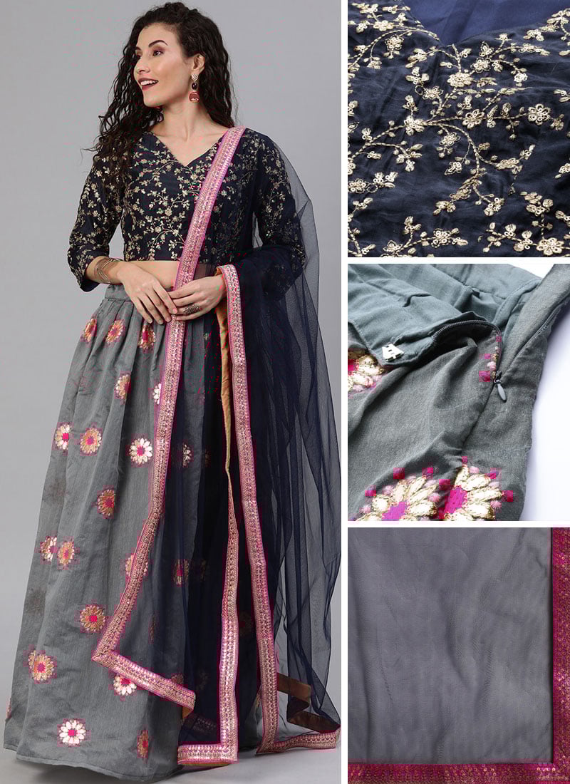 Pleated Embroidered Blue Blouse A-line Lehenga Festive Wear