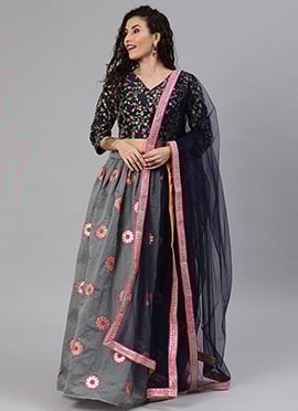 Pleated Embroidered Blue Blouse A-line Lehenga