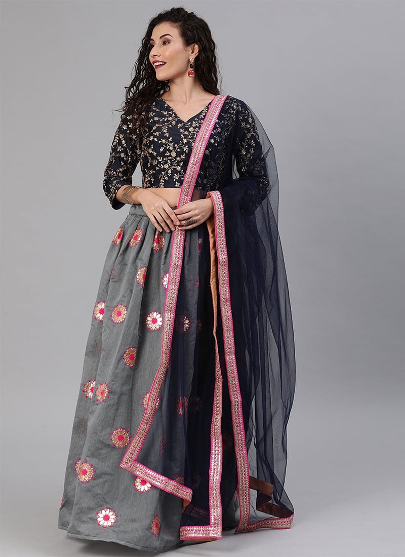 Pleated Embroidered Blue Blouse A-line Lehenga