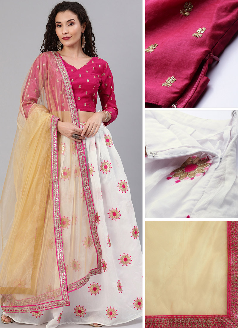 white lehenga with pink blouse