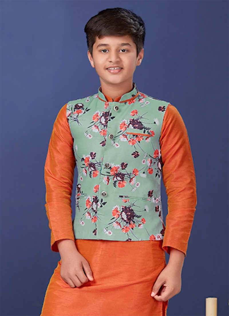 Powder Blue Cotton Printed Nehru jacket