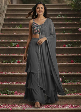 Powder Blue Georgette Beads Sequins Hand Embroidered A Line Lehenga