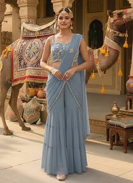Powder Blue Georgette Hand Embroidered Sequins With Beads Work Pre Draped Sharara Saree