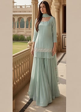 Powder Blue Georgette Zari Beads Hand Embroidered Sharara Suit