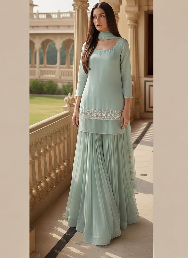 Powder Blue Georgette Zari Beads Hand Embroidered Sharara Suit Festive Wear