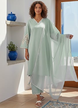 Powder Blue Silk Embroidered With Beads Work Straight Pant Suit