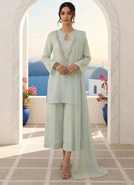 Powder Blue Silk Hand Embroidered Sequins With Stone Palazzo Suit