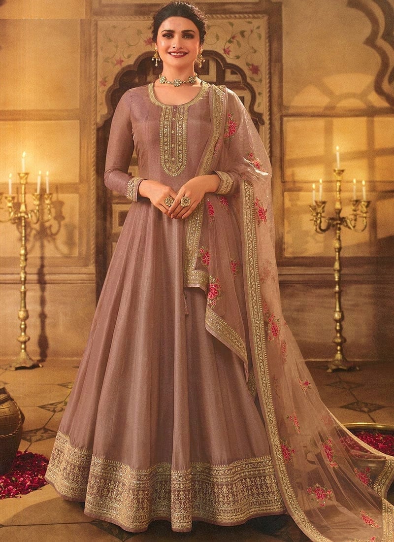 Prachi Desai Mauve Dola Silk Embroidered Anarkali Suit Party Wear