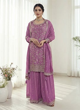 Prachi Desai Radiates Elegance in a Purple Chinon Embroidered Pakistani Suit