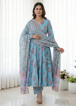 Printed Angarkha Style Anarkali Suit With Dupatta In Sky Blue Muslin