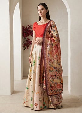 Printed Cream Satin Umbrella Lehenga