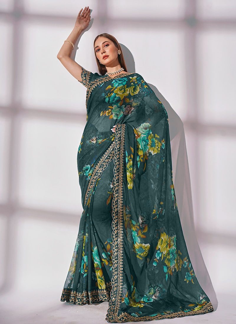 Printed Embroidery Blue Color Georgette Saree Party Wear