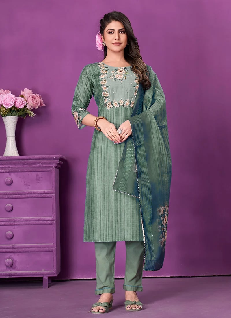 Printed Hand Work Cotton Straight Pant Suit Party Wear