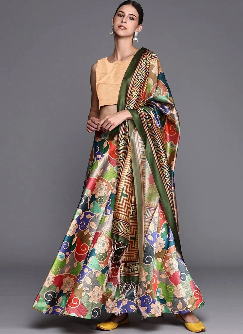 Printed Multicoloured Satin Umbrella Lehenga Festive Wear