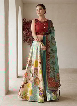 Printed Off White Satin Umbrella Lehenga