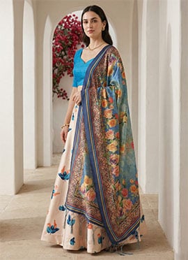 Printed Off White Satin Umbrella Lehenga