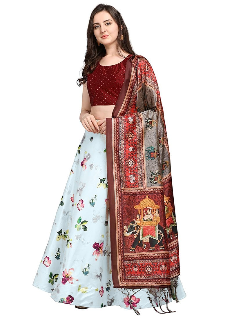 Printed Off White Satin Umbrella Lehenga Festive Wear