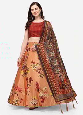 Printed Peach Satin Umbrella Lehenga