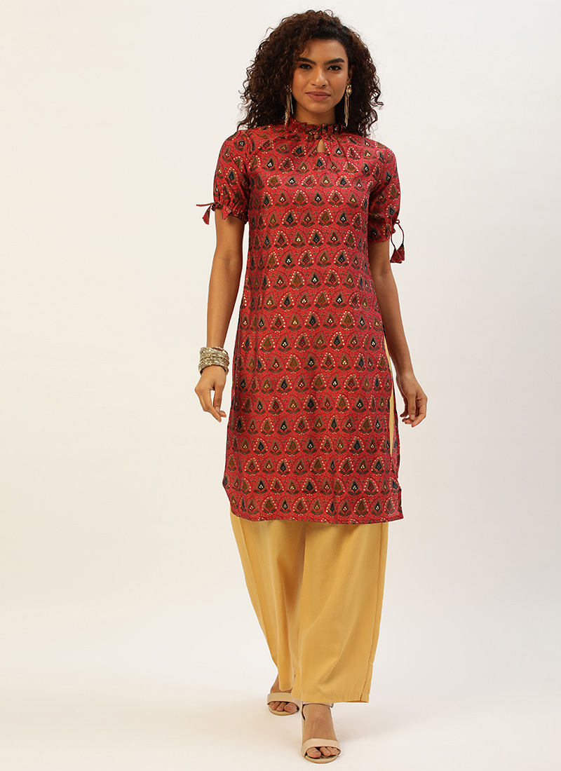 Printed Pink N Cream Rayon Kurta set Work Wear