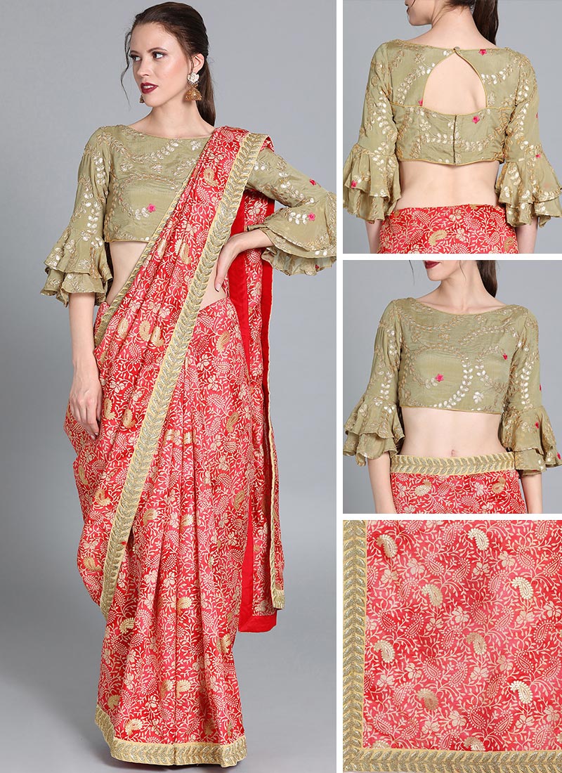 Shop Printed Red Saree N Embroidered Blouse Made to Measure dress for