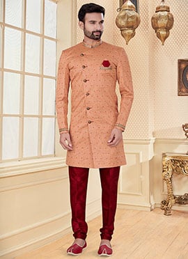 Punch Pink Jacquard Embroidery Classic Sherwani