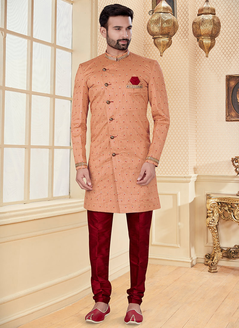 Punch Pink Jacquard Embroidery Classic Sherwani Wedding Wear