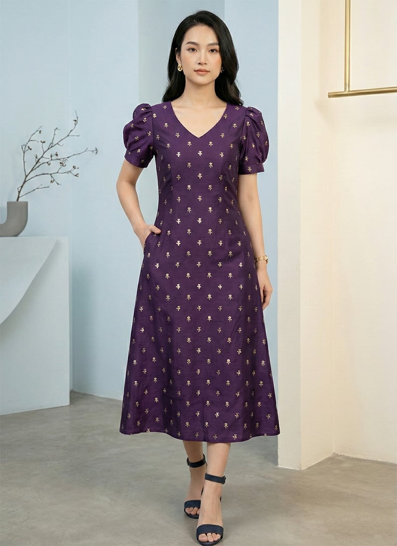 Purple Art Silk Cotton Midi Dress After Six Wear