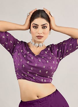 Purple Art Silk Embroidered V Neck Blouse