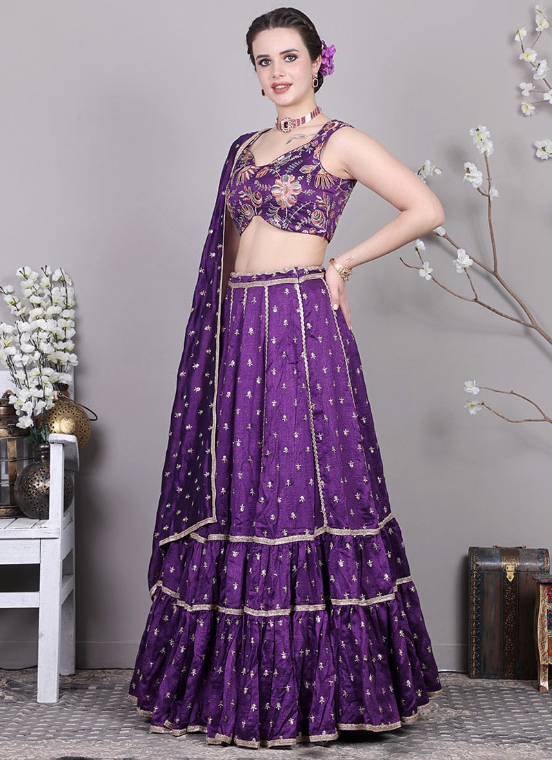 Purple Art Silk N Pink Net Embroidered Lehenga Set Wedding Wear