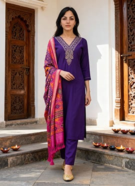 Purple Blended Cotton Embroidered Straight Pant Suit With Patola Print Dupatta