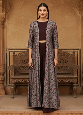 Teen Girls Purple Blouse N Palazzo Pant With Grey Jacket