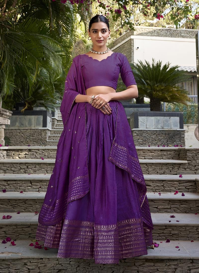 Purple Chanderi Silk Zari And Gota Work Lehenga
