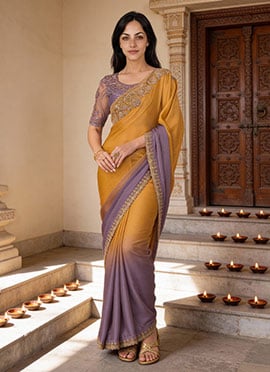 Purple Chiffon Embroidered Sequins Cut Work Saree