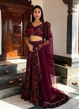 Purple Chinon Digital Print Umbrella Lehenga