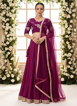 Purple Chinon Embroidered Lehenga Set