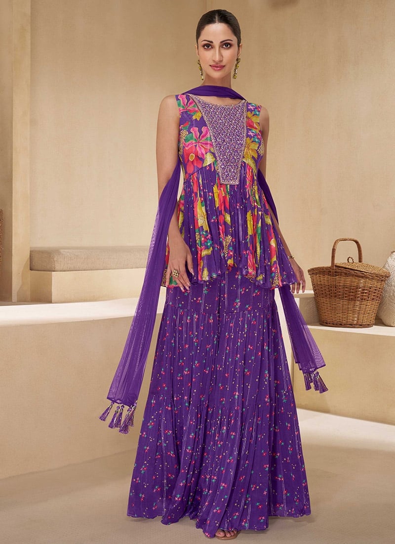 Purple Chinon Embroidered Sequins And Moti Sharara Suit With Dupatta After Six Wear