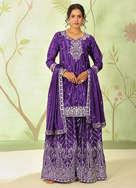 Purple Chinon Silk Zari Embroidered Sequins Palazzo Suit Festive Wear