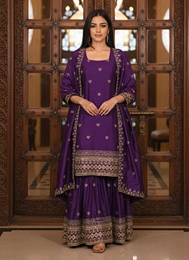 Purple Chinon Zari Embroidered Sequins Sharara Suit