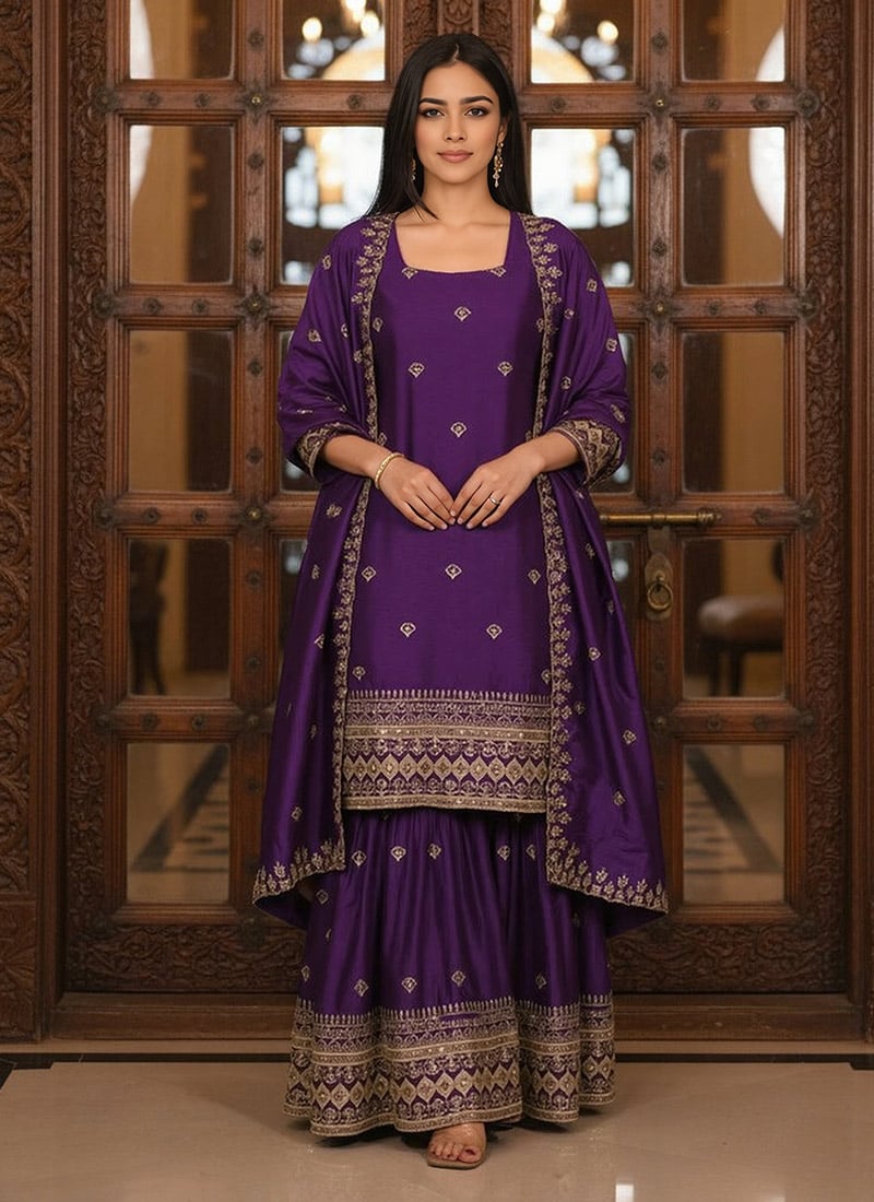 Purple Chinon Zari Embroidered Sequins Sharara Suit Festive Wear