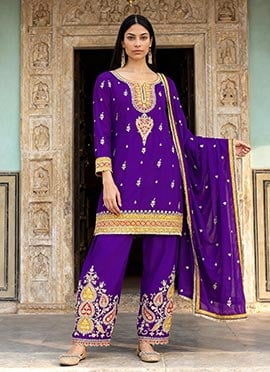 Purple Chinon Zari Embroidered Sequins Stones Work Palazzo Suit