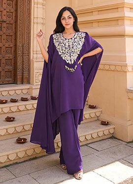 Purple Crepe Silk Zari Sequins Zardosi Thread Embroidered Indowestern Suit