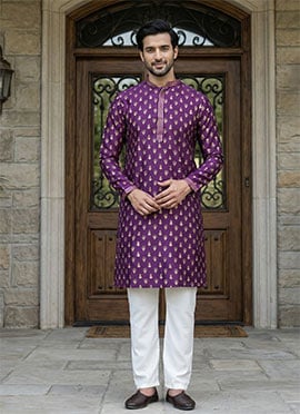 Purple Dupion Silk Printed Kurta Pyjama