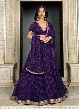Purple Faux Georgette Embroidered Sequins Bandhini Print Umbrella Lehenga