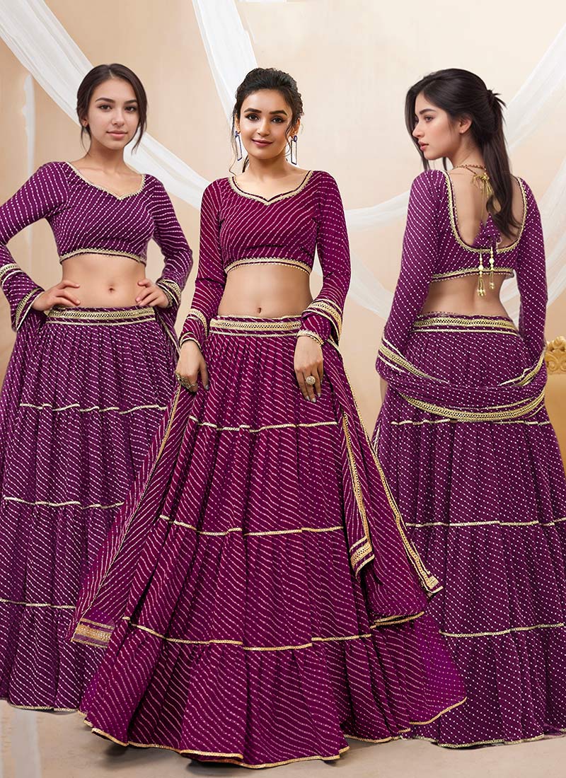 Purple Faux Georgette Leheriya Print Traditional Umbrella Lehenga With Gota