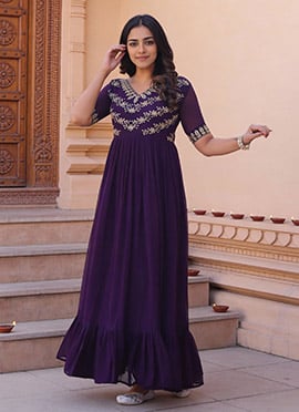 Purple Faux Georgette Sequins Embroidered Anarkali Gown Festive Wear