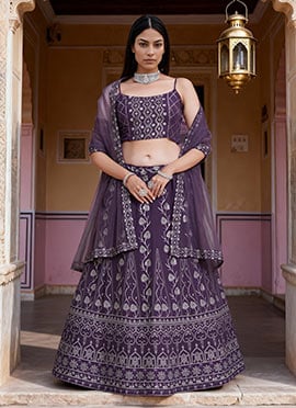 Purple Faux Georgette Zari Embroidered Sequins Beautiful Lehenga