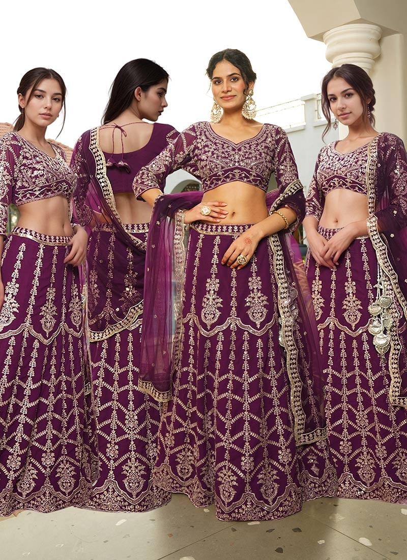 Purple Faux Georgette Zari Embroidered Sequins Lehenga Wedding Wear-GHSCBDS2025B