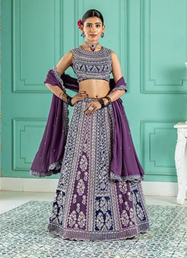 Purple Faux Georgette Zari Embroidered Sequins Lehenga