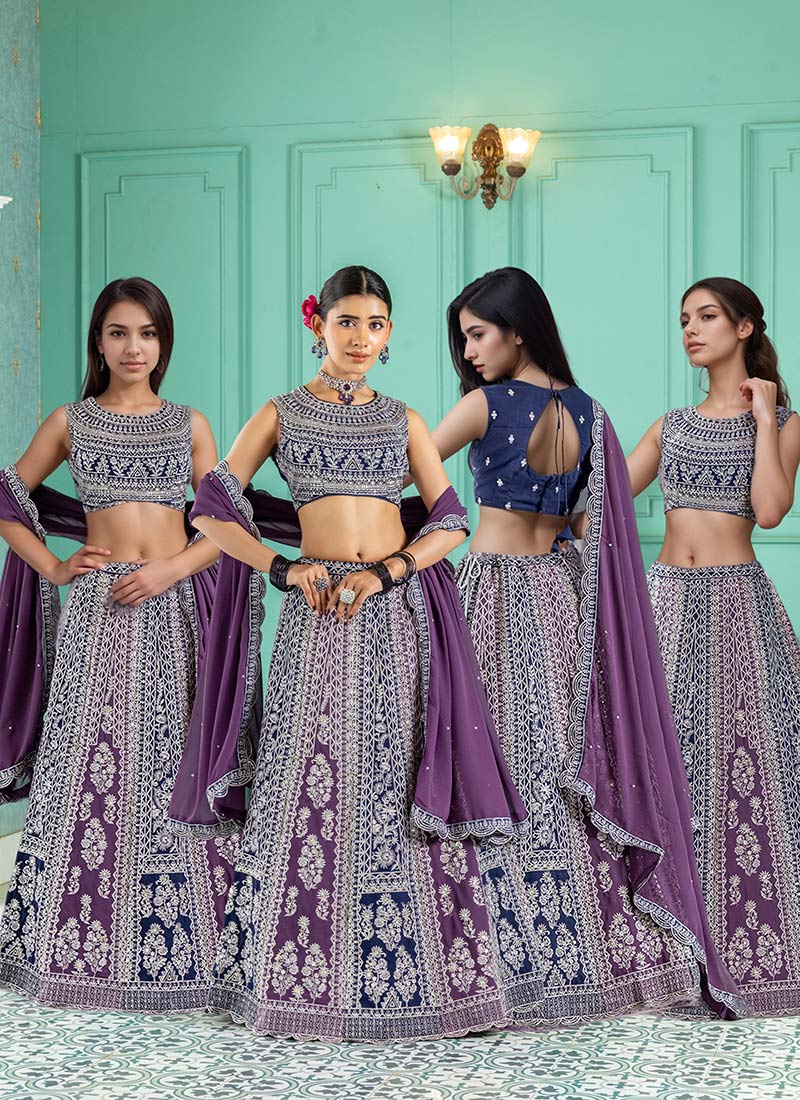 Purple Faux Georgette Zari Embroidered Sequins Lehenga Wedding Wear