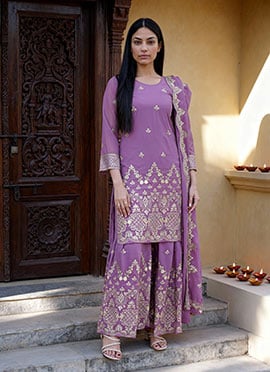 Purple Faux Georgette Zari Embroidered Sequins Palazzo Suit